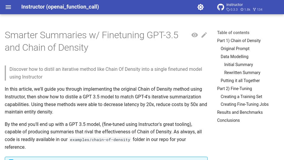 Screenshot of jxnl.github.io: Smarter summaries with finetuning GPT-3.5 and chain of density