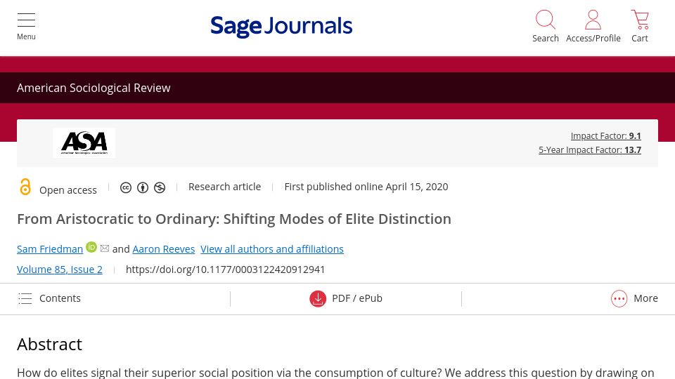 Screenshot of journals.sagepub.com: From Aristocratic to Ordinary: Shifting Modes of Elite Distinction (2020)