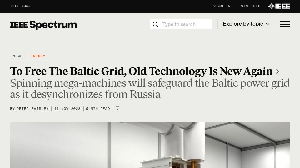 Screenshot of spectrum.ieee.org: To free the Baltic grid, old technology is new again