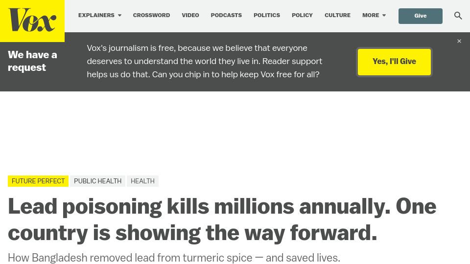 Screenshot of vox.com: Bangladesh removed lead from turmeric spice