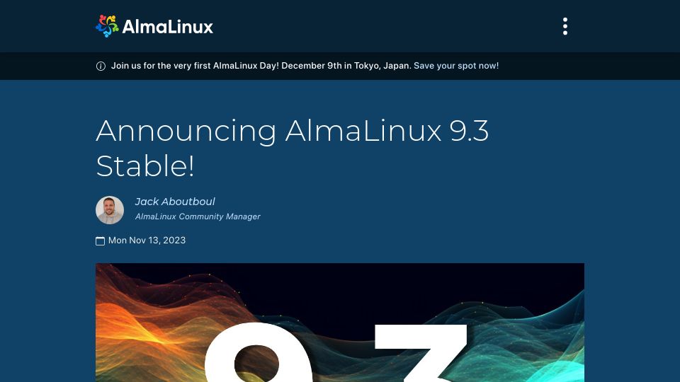 Screenshot of almalinux.org: AlmaLinux 9.3 Stable