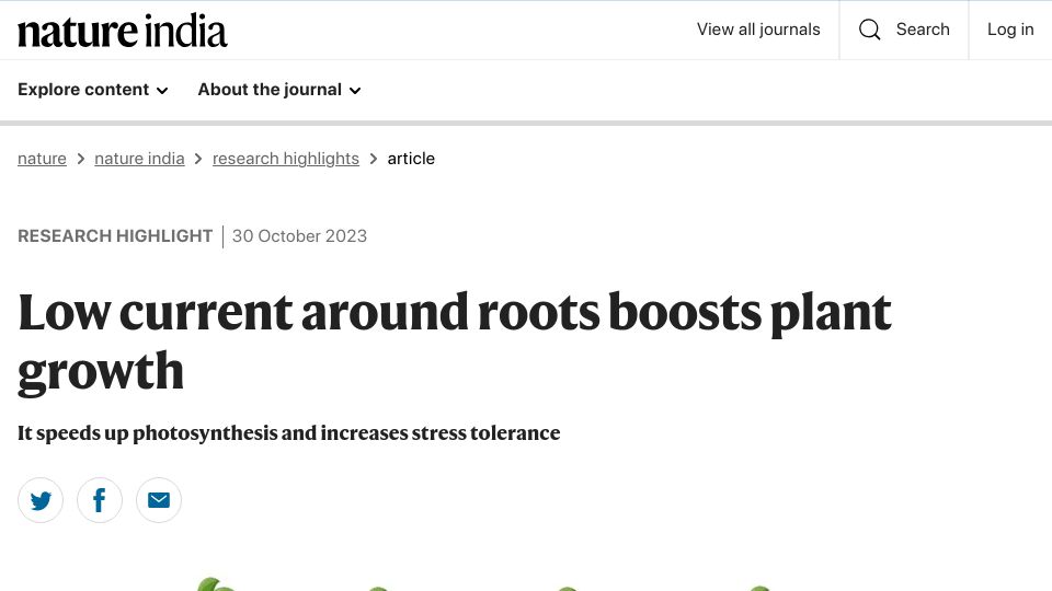 Screenshot of nature.com: Low current around roots boosts plant growth