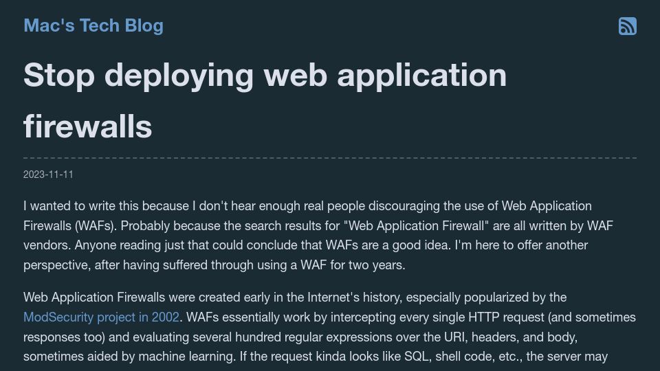 Screenshot of macchaffee.com: Discouraging the use of web application firewalls