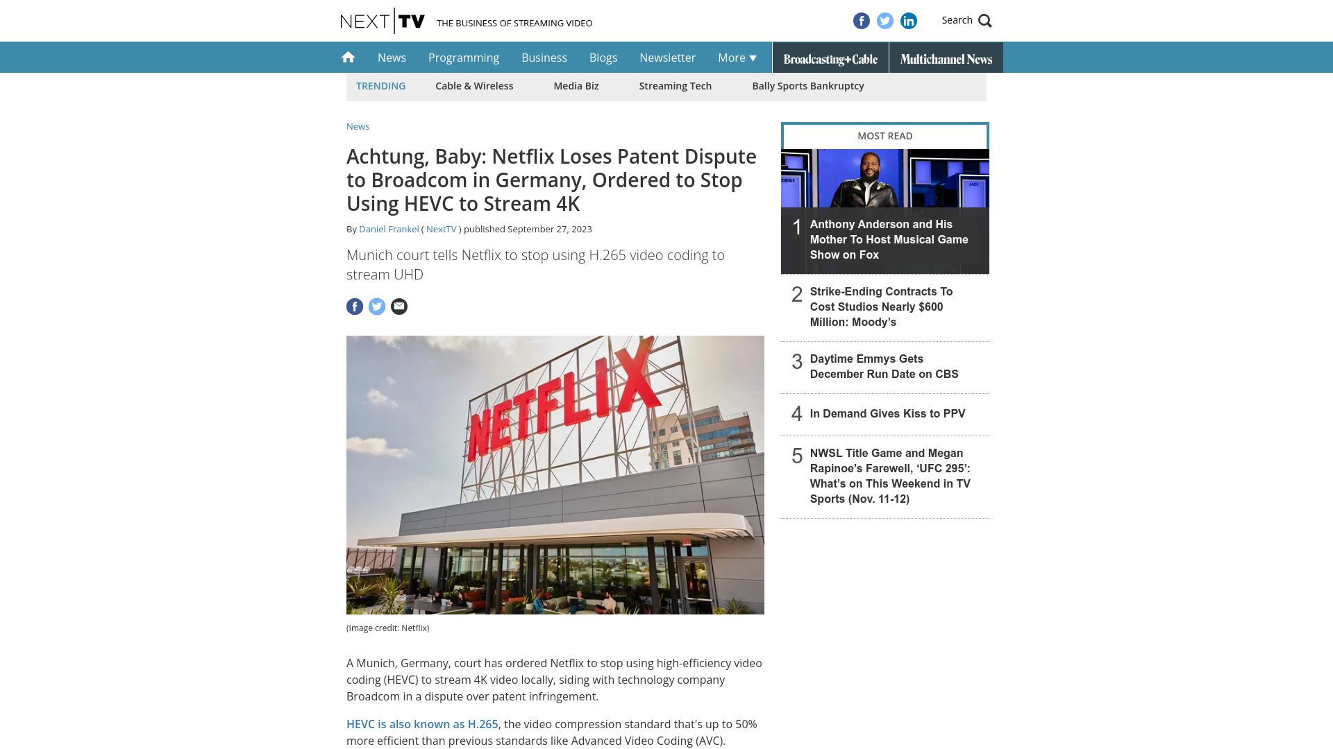 Screenshot of nexttv.com: Munich court tells Netflix to stop using H.265 video coding to stream UHD