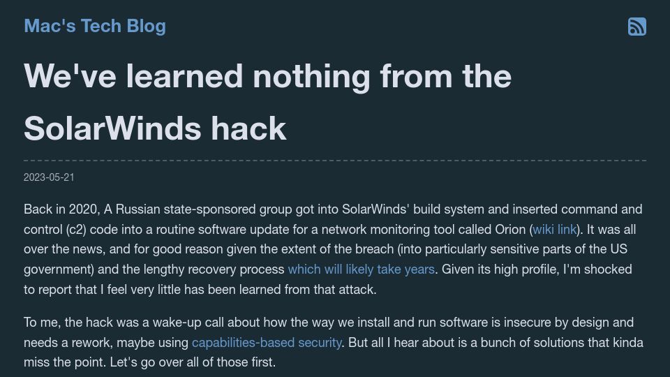 Screenshot of macchaffee.com: We've learned nothing from the SolarWinds hack