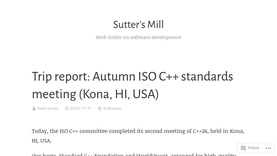 Screenshot of herbsutter.com: Trip Autumn ISO C++ standards meeting