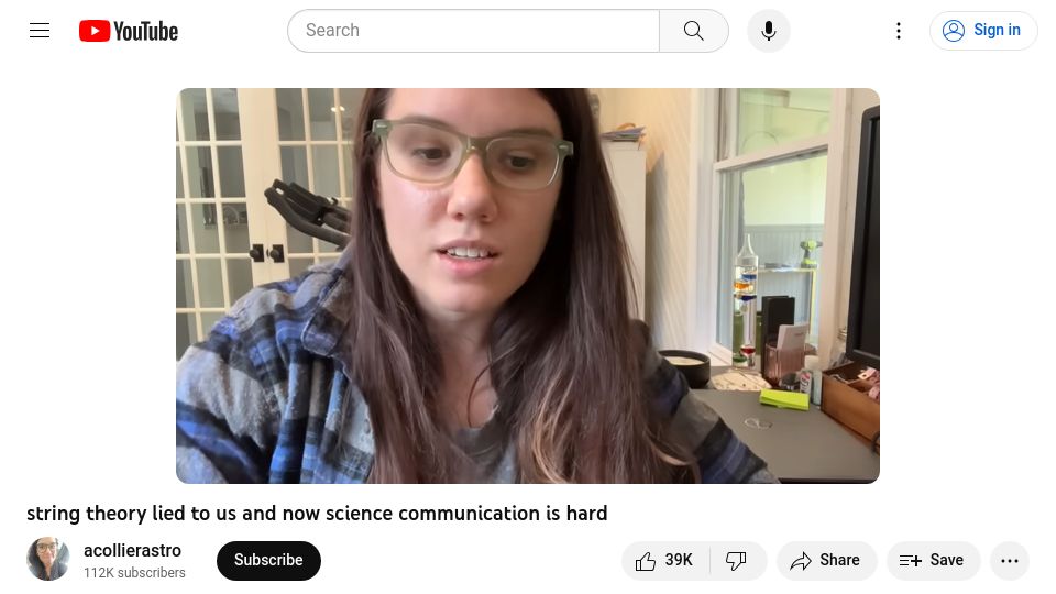 Screenshot of youtube.com: String theory lied to us and now science communication is hard [video]