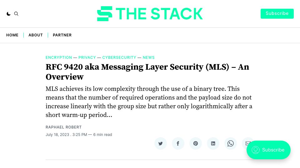 Screenshot of thestack.technology: RFC 9420 – A Messaging Layer Security Overview
