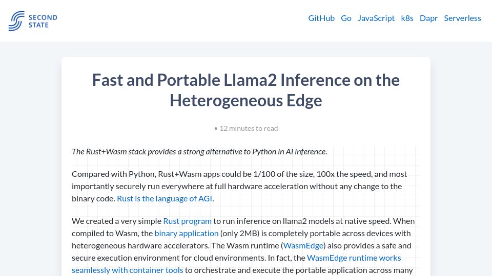 Screenshot of secondstate.io: Fast and Portable Llama2 Inference on the Heterogeneous Edge