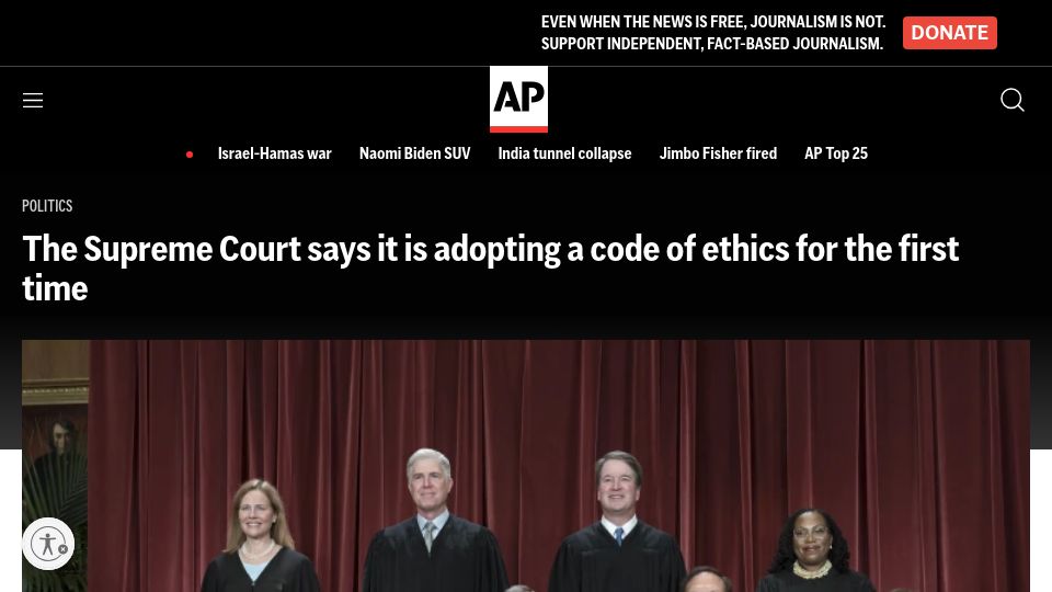Screenshot of apnews.com: The US Supreme Court says it is adopting a code of ethics for the first time