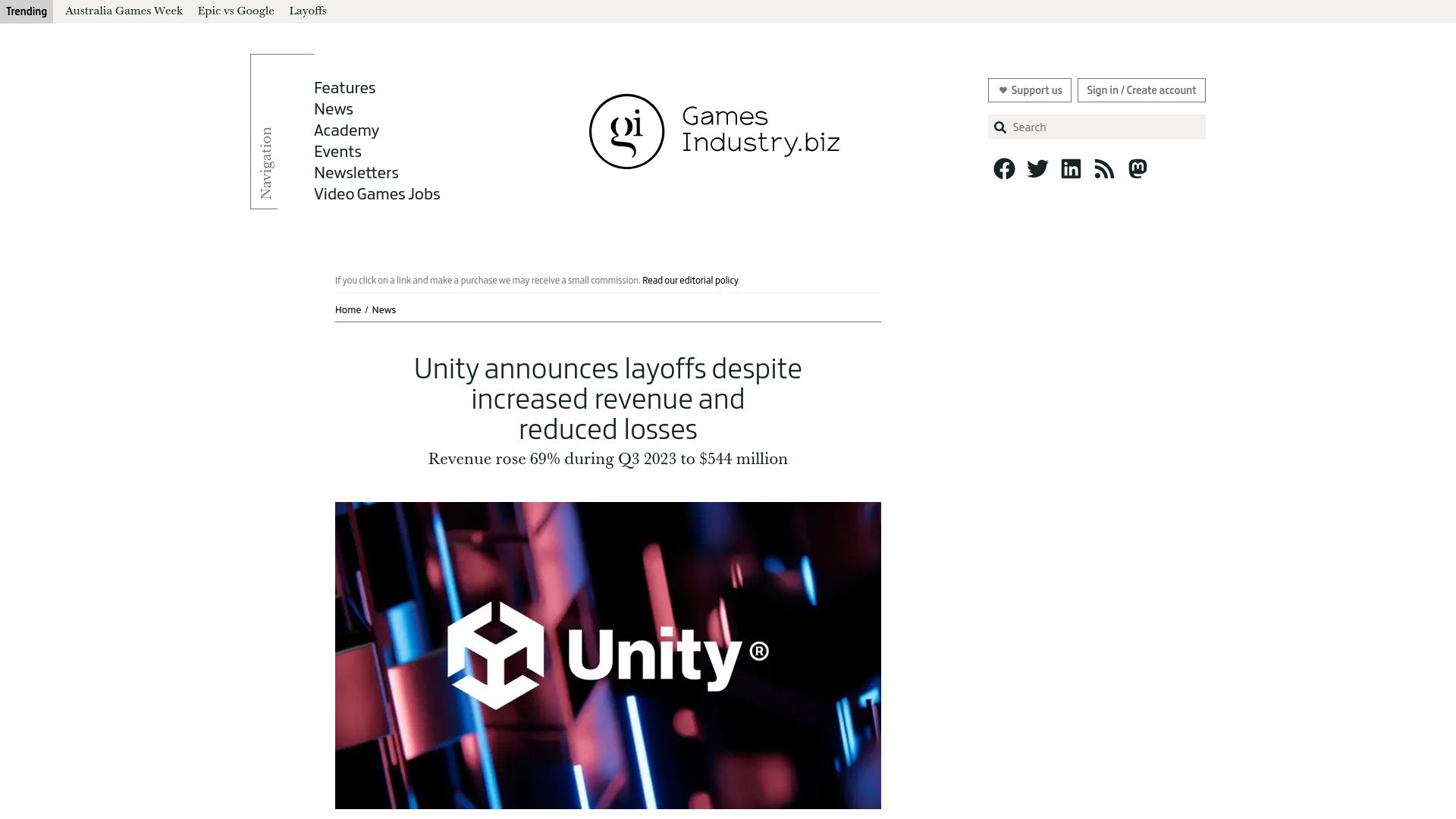 Screenshot of gamesindustry.biz: Unity announces layoffs despite increased revenue and reduced losses