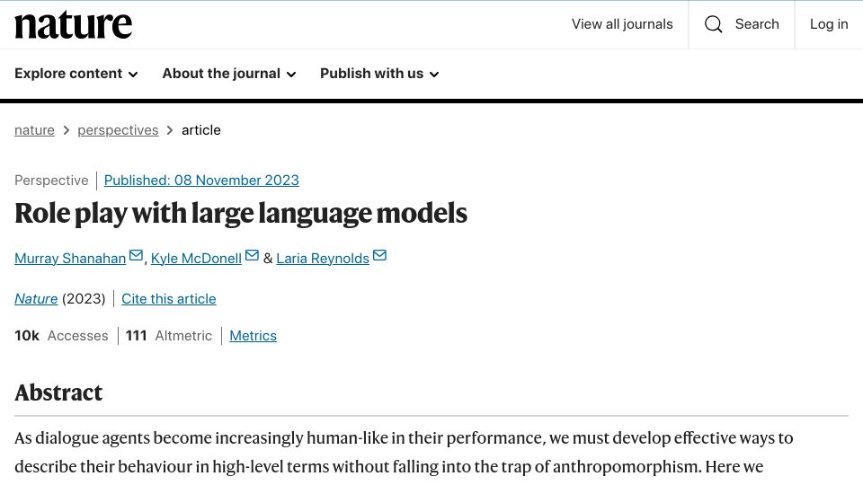 Screenshot of nature.com: Role play with large language models