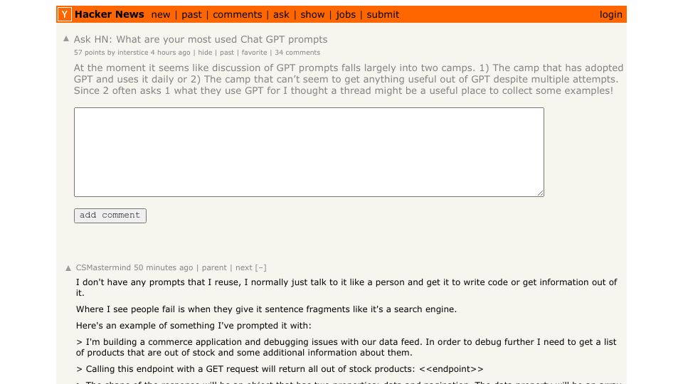 Screenshot of Hacker News post: Ask HN: What are your most used Chat GPT prompts