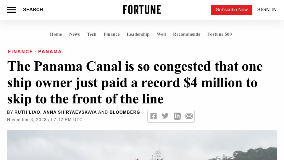 Screenshot of fortune.com: Panama Canal is so congested that one ship owner paid $4M to skip the line