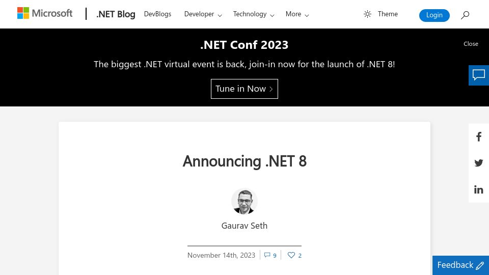 Screenshot of devblogs.microsoft.com: .NET 8
