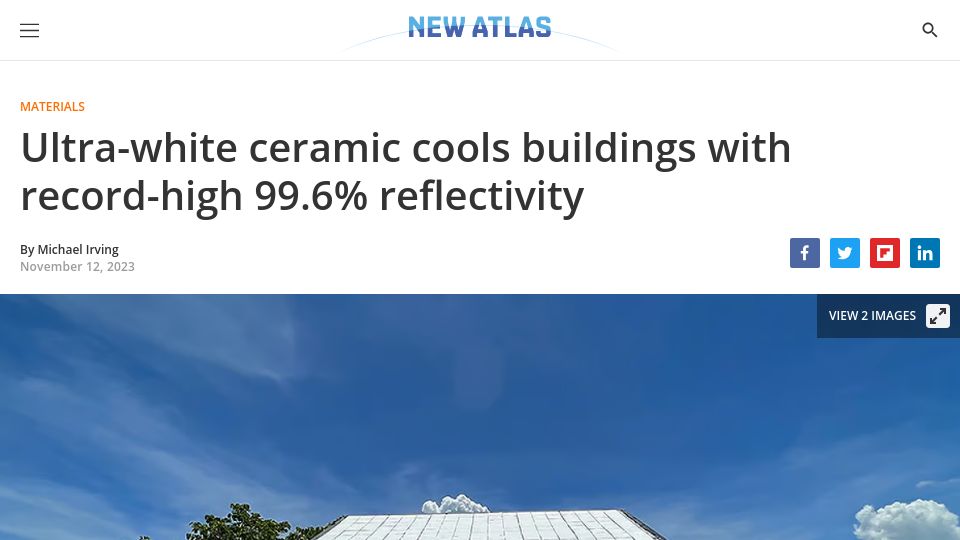 Screenshot of newatlas.com: Ultra-white ceramic cools buildings with high reflectivity