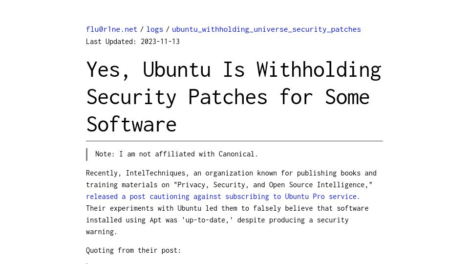 Screenshot of flu0r1ne.net: Yes, Ubuntu is withholding security patches for some software