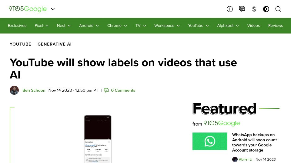 Screenshot of 9to5google.com: YouTube will show labels on videos that use AI
