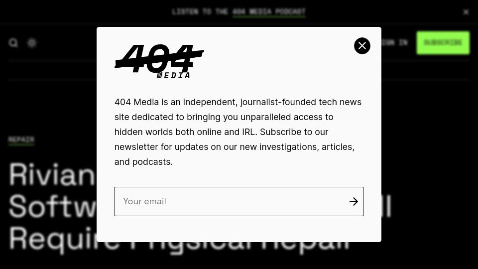 Screenshot of 404media.co: Rivian Pushes Broken Software Update That Will Require Physical Repair