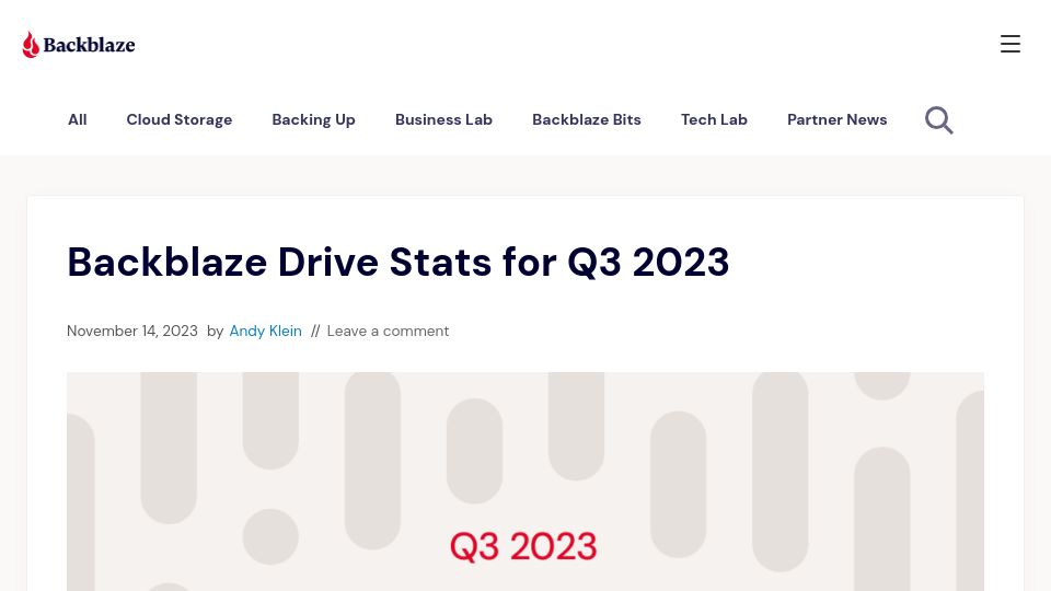 Screenshot of backblaze.com: Backblaze Drive Stats for Q3 2023