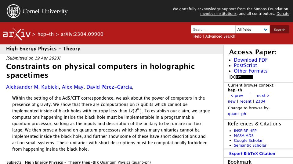Screenshot of arxiv.org: Constraints on physical computers in holographic spacetimes