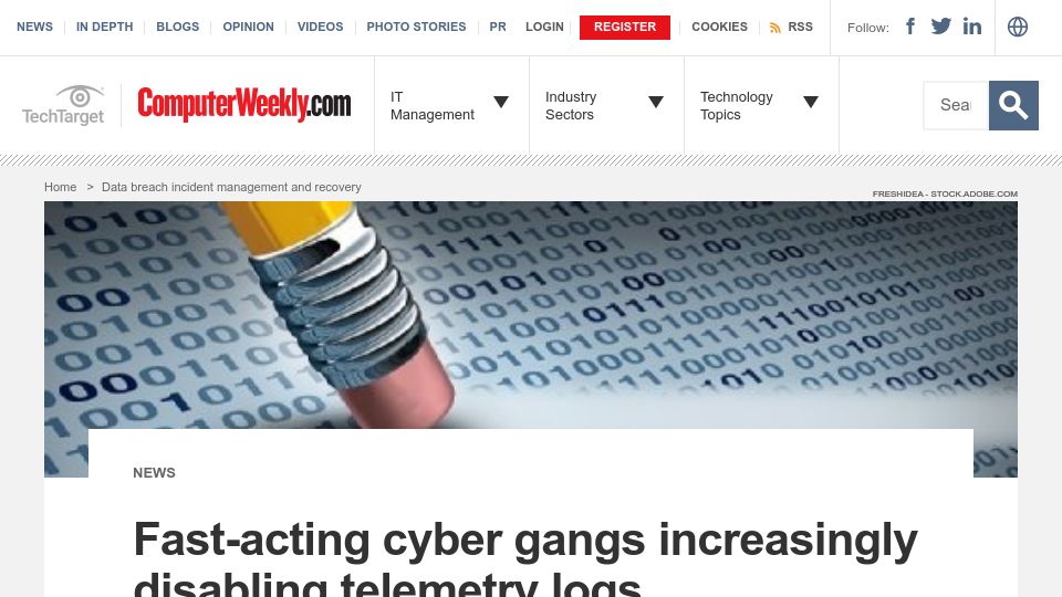 Screenshot of computerweekly.com: Fast-acting cyber gangs increasingly disabling telemetry logs