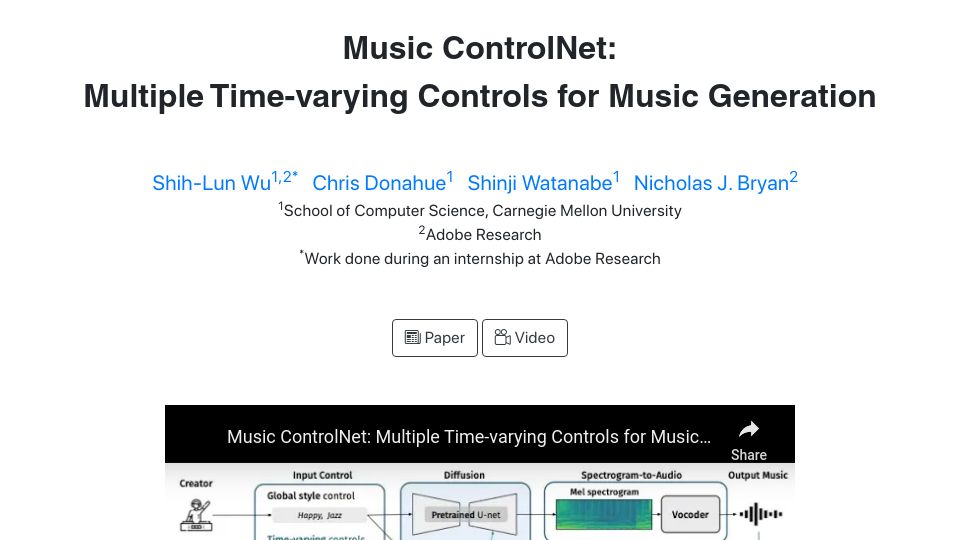 Screenshot of musiccontrolnet.github.io: Music ControlNet: Multiple Time-Varying Controls for Music Generation