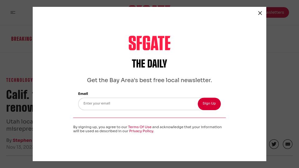 Screenshot of sfgate.com: Calif. tech investor's wedding trashed base of world-renowned landmark