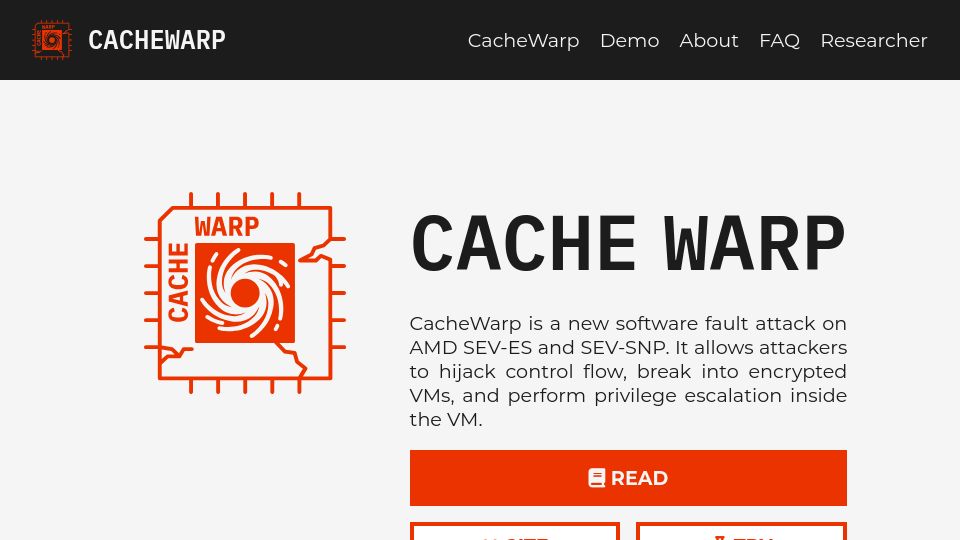 Screenshot of cachewarpattack.com: CacheWarp: A new software fault attack on AMD SEV-ES and SEV-SNP