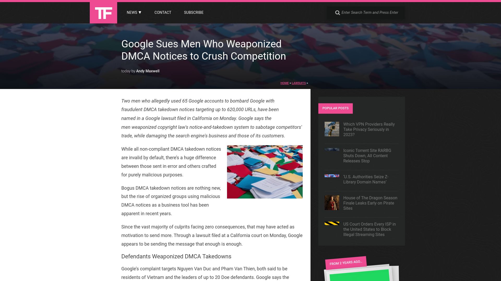Screenshot of torrentfreak.com: Google sues two men who weaponized DMCA notices to crush competition