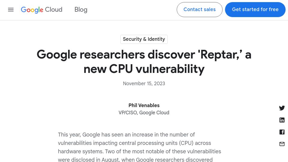 Screenshot of cloud.google.com: 'Reptar', a new CPU vulnerability