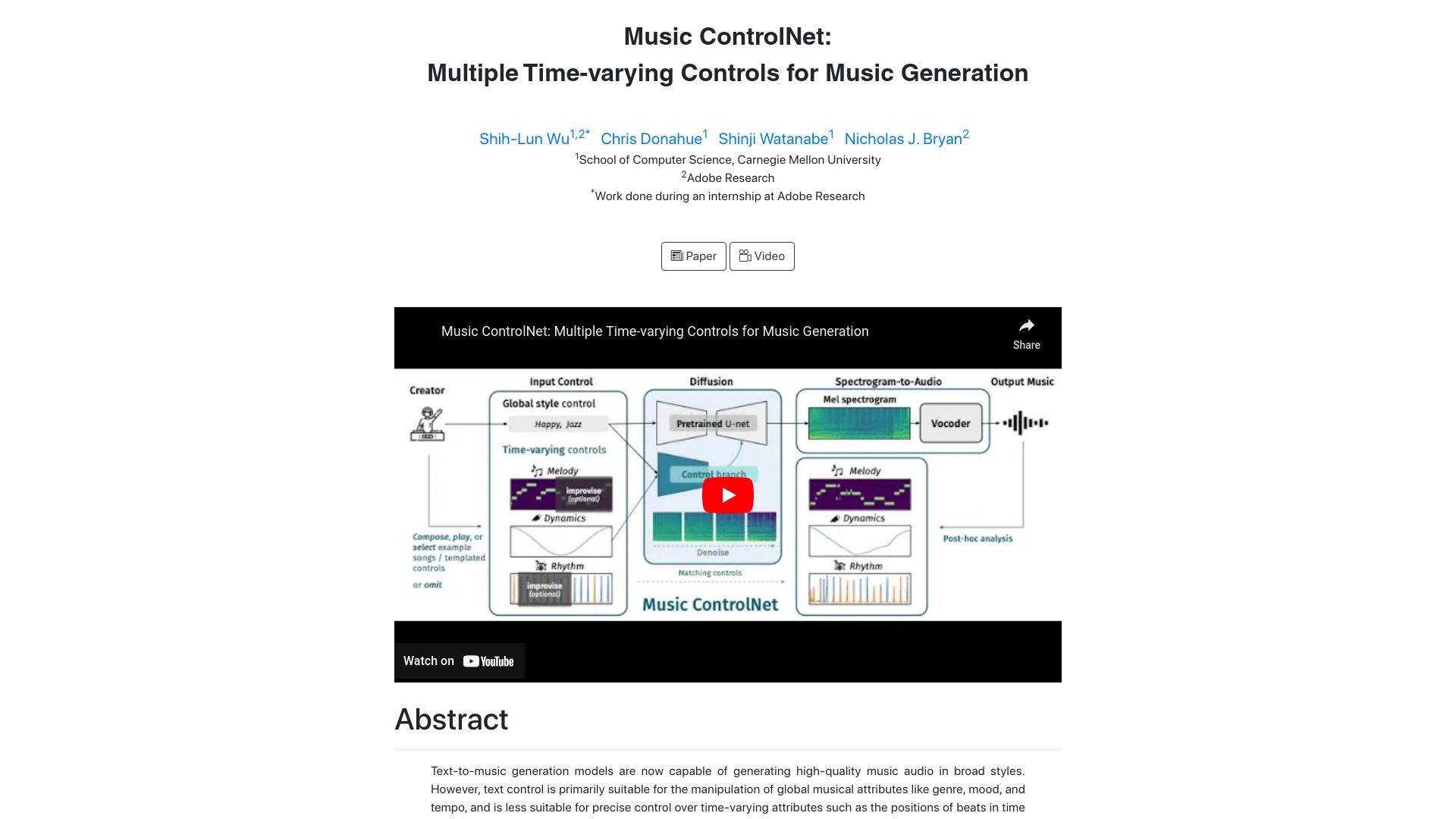 Screenshot of musiccontrolnet.github.io: Music ControlNet: Multiple Time-Varying Controls for Music Generation