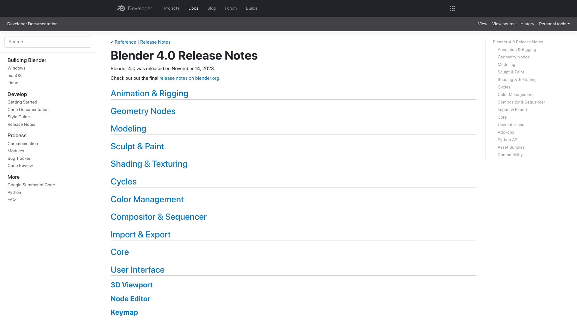Screenshot of wiki.blender.org: Blender 4.0 release notes