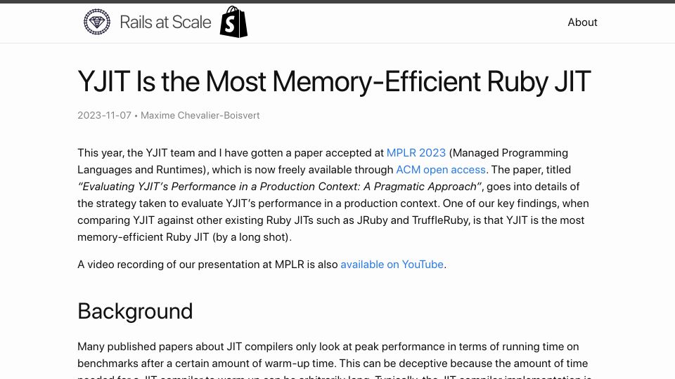 Screenshot of railsatscale.com: YJIT is the most memory-efficient Ruby JIT