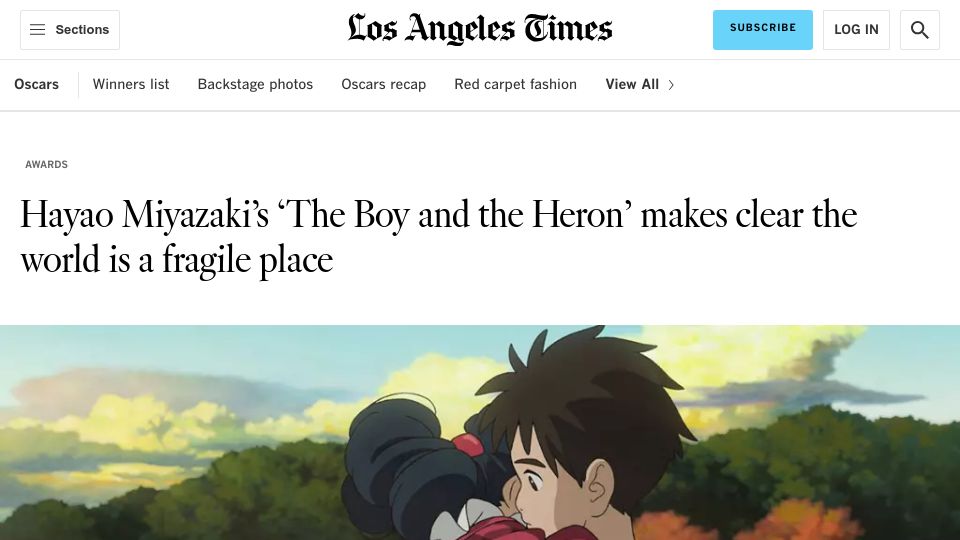 Screenshot of latimes.com: Miyazaki's 'The Boy and the Heron' makes clear the world is a fragile place