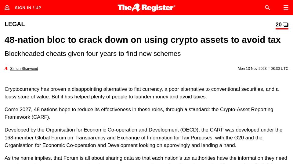 Screenshot of theregister.com: 48-nation bloc to crack down on using crypto assets to avoid tax