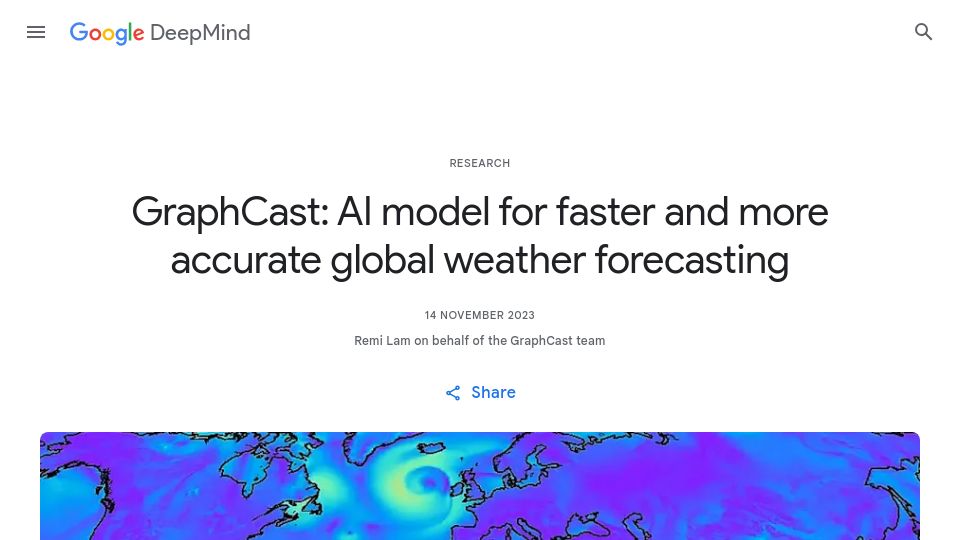 Screenshot of deepmind.google: GraphCast: AI model for weather forecasting