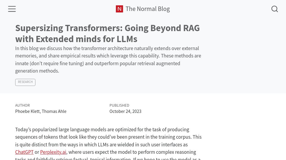 Screenshot of blog.normalcomputing.ai: Infinite Context LLMs: Going Beyond RAG with Extended Minds