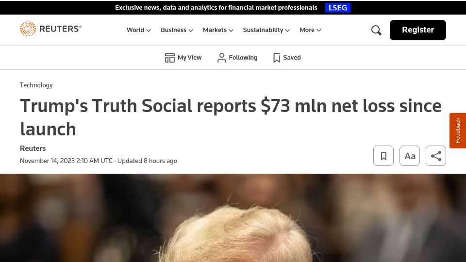 Screenshot of reuters.com: Truth Social reports $73M net loss since launch