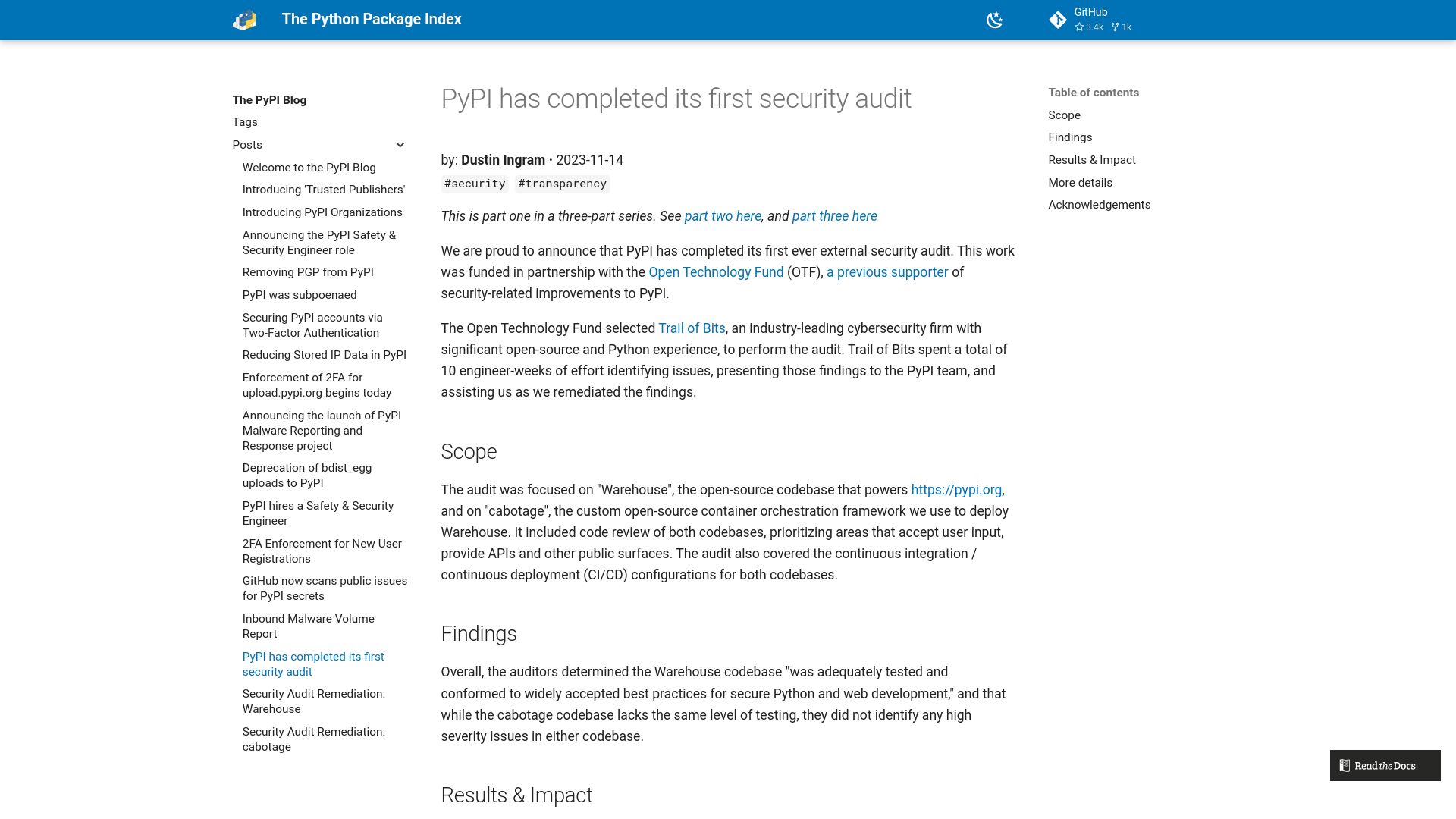 Screenshot of blog.pypi.org: PyPI has completed its first security audit