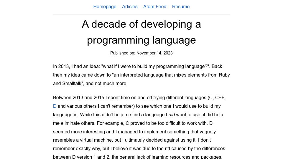 Screenshot of yorickpeterse.com: A decade of developing a programming language