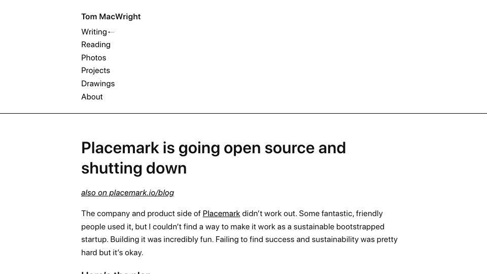 Screenshot of macwright.com: Placemark is going open source and shutting down