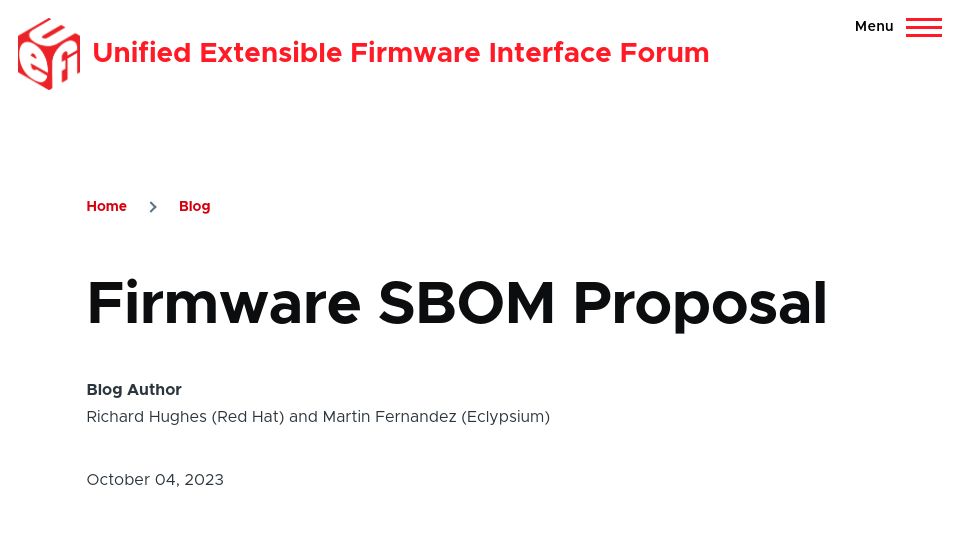 Screenshot of uefi.org: Firmware Software Bill of Materials (SBoM) Proposal