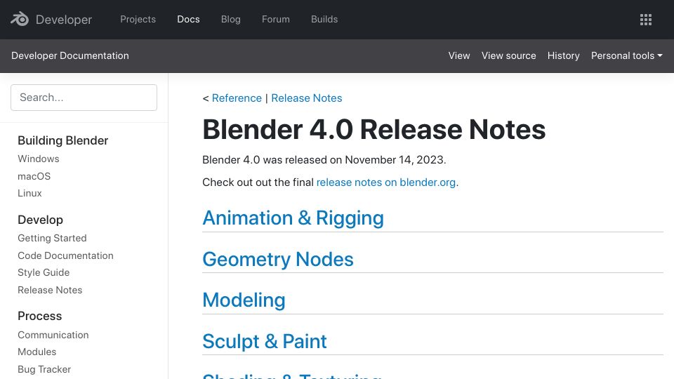 Screenshot of wiki.blender.org: Blender 4.0 release notes
