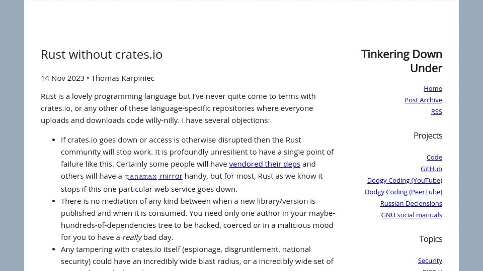 Screenshot of thomask.sdf.org: Rust without crates.io
