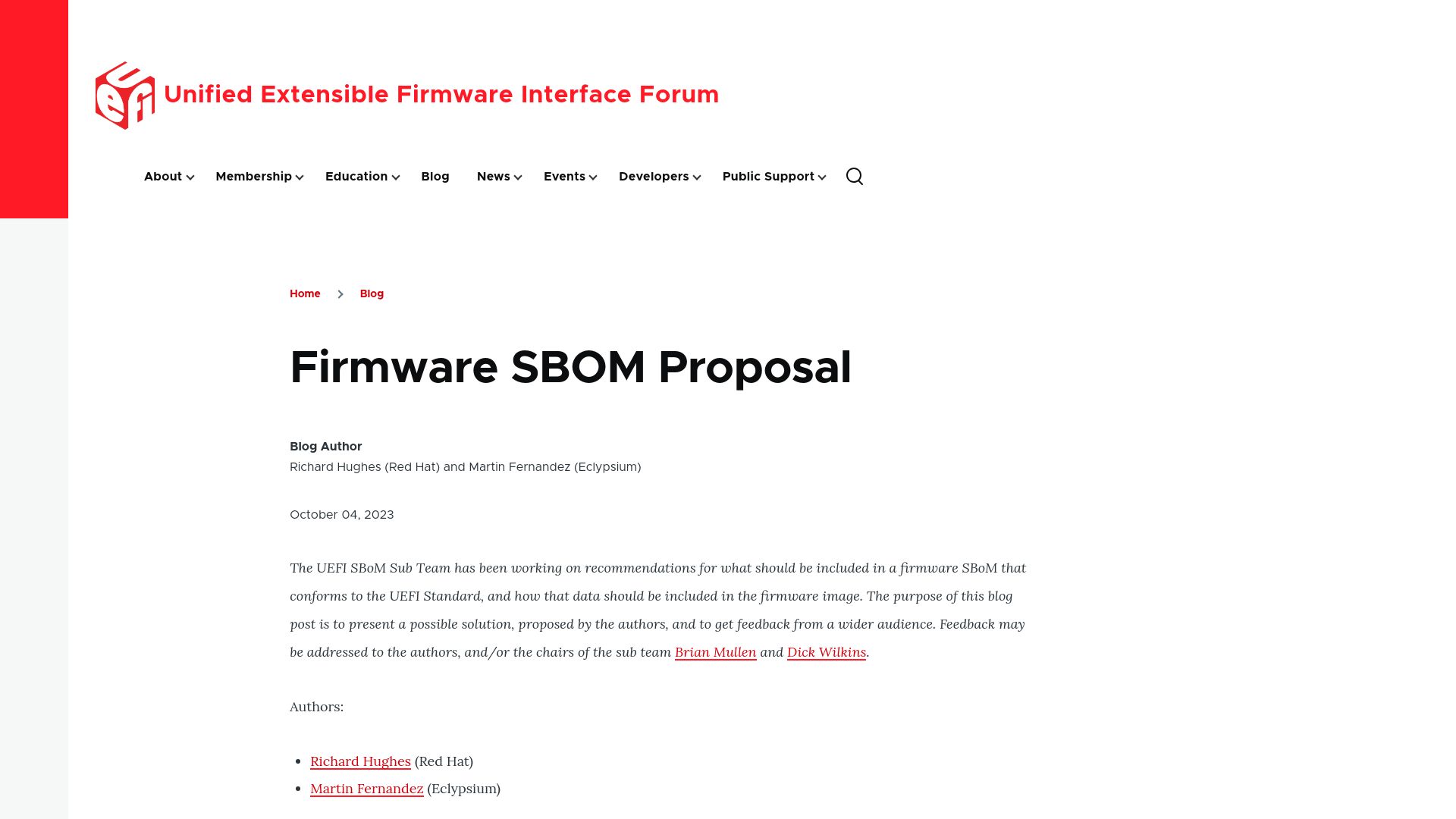 Screenshot of uefi.org: Firmware Software Bill of Materials (SBoM) Proposal