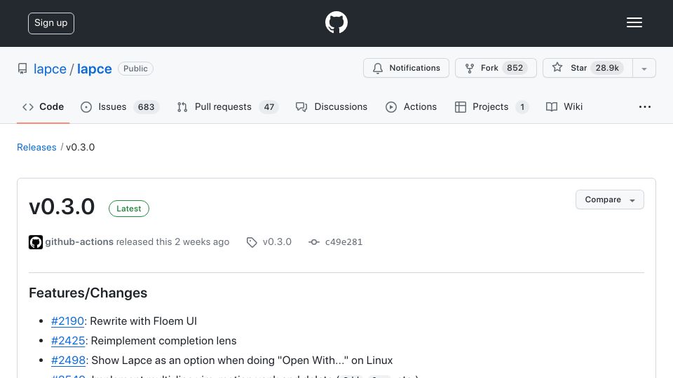 Screenshot of github.com: Lapce Editor 0.3
