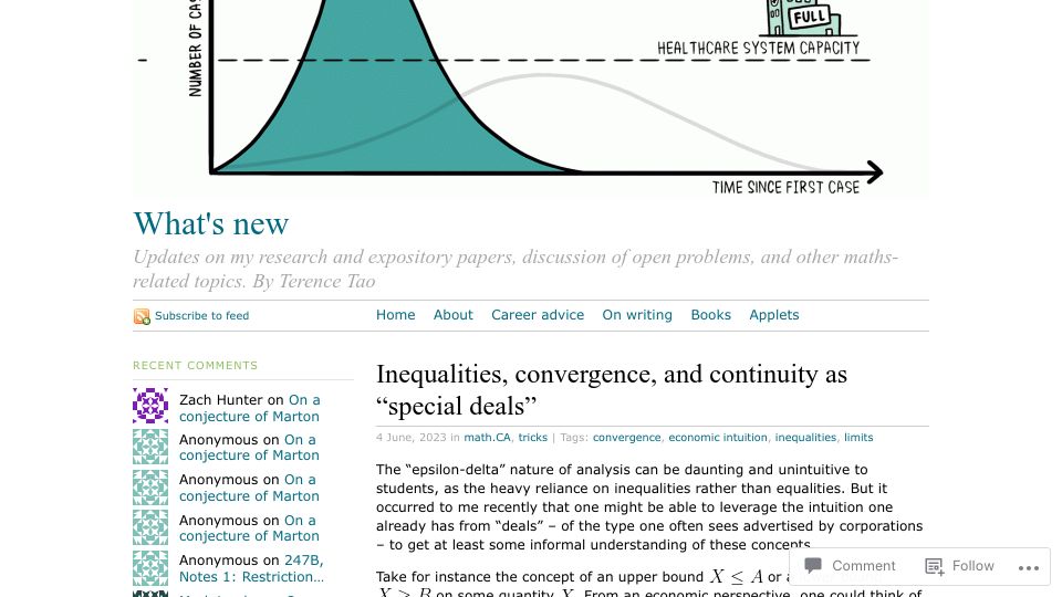 Screenshot of terrytao.wordpress.com: Inequalities, convergence, and continuity as "special deals"