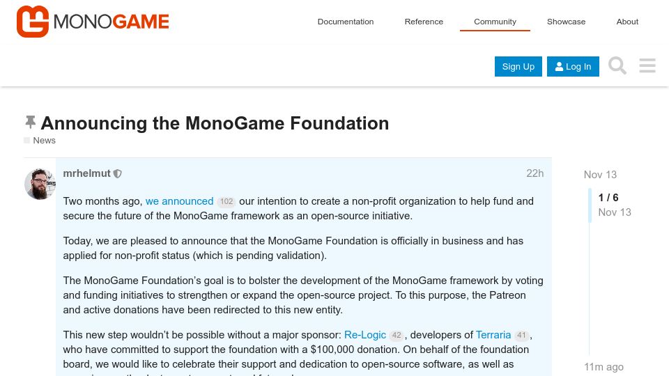 Screenshot of community.monogame.net: Announcing the MonoGame Foundation