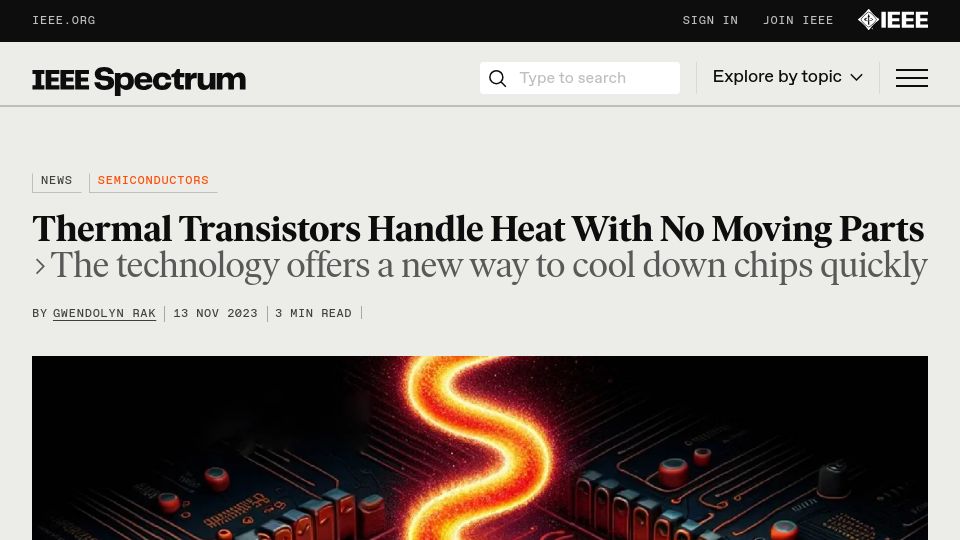 Screenshot of spectrum.ieee.org: Thermal transistors handle heat with no moving parts